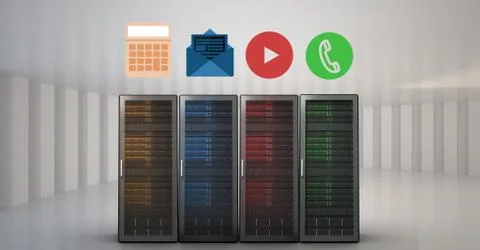 Servers with various application icons Illustrazione stock