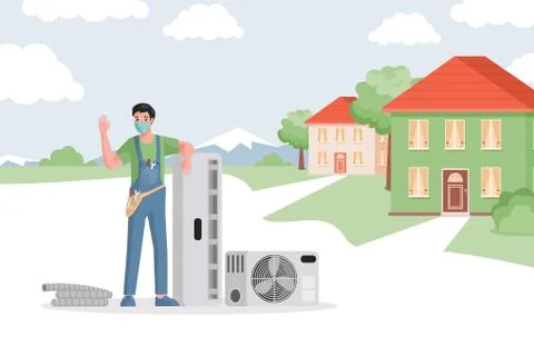 Service of air conditioners installation vector flat illustration. Climate Ilustração Stock