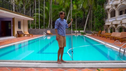 Service and maintenance of the pool.Cleaning the pool. Stock Footage