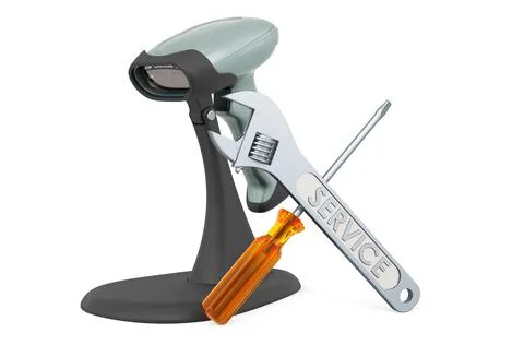 Service and repair of bar code scanner, 3D rendering Illustrazione stock