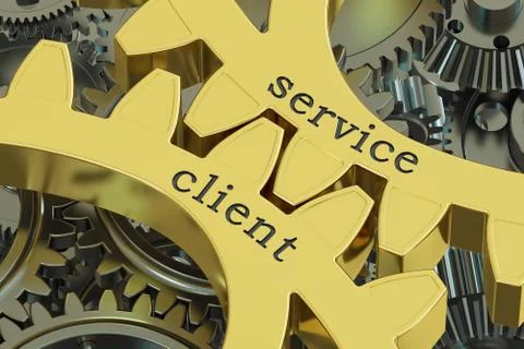 Service client concept on the gearwheels, 3D rendering Illustrazione stock