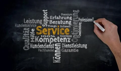Service (in german Competence, consulting) Cloud is written by hand on blackb Stock Photos