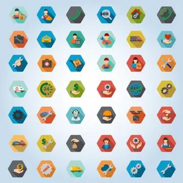 Service Hexagon Flat Longshadow Vector Icon Set Stock Illustration