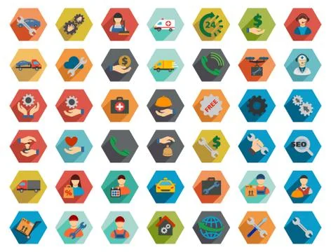 Service Hexagon Flat Longshadow Vector Icon Set Stock Illustration