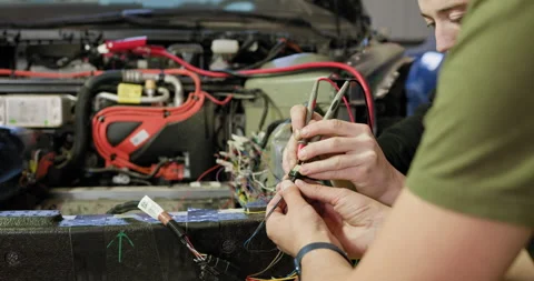 Service man hands working with cables of auto. Close-up of a mechanic using a Stock Footage 277338931