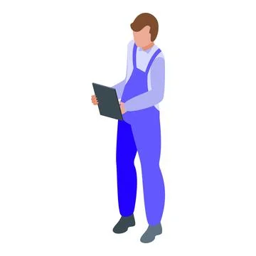 Service man holding tablet checking something isometric icon Stock Illustration