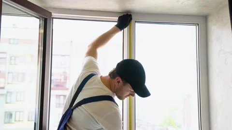 Service man in uniform installing pvc window with measure tape in house Stock Footage 242036855