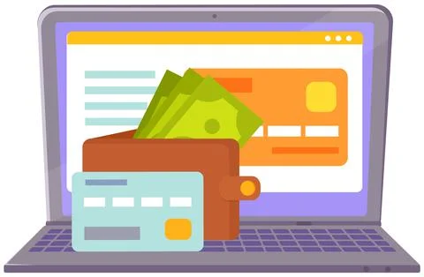 Service payment with computer or banknotes. Shopping, banking, accounting 스톡 일러스트