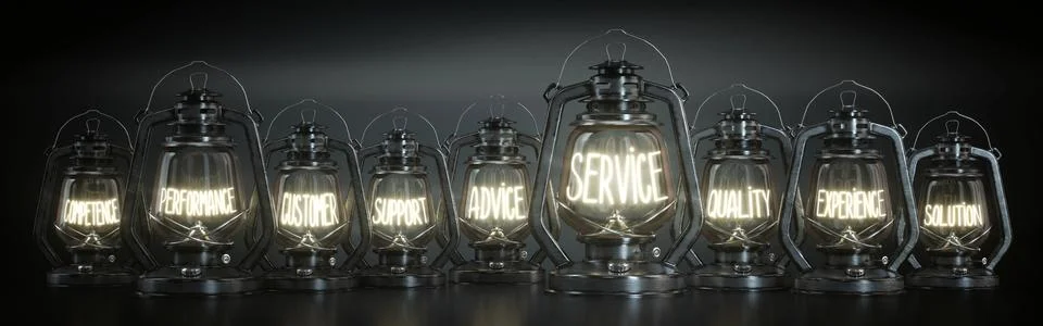 Service, Performance, Support, Experience - Vintage Kerosene Lanterns - 3d .. Stock Illustration