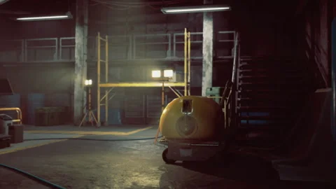 Service robot stationed beneath staircase with workspace environment 動画素材 338342259