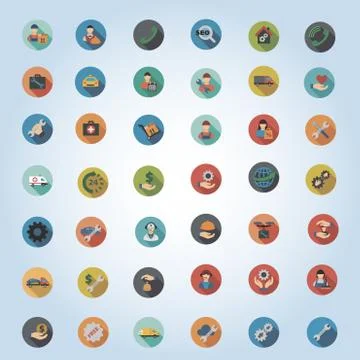 Service Round Flat Longshadow Vector Icon Set Stock Illustration