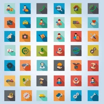 Service Square Flat Longshadow Vector Icon Set Stock Illustration
