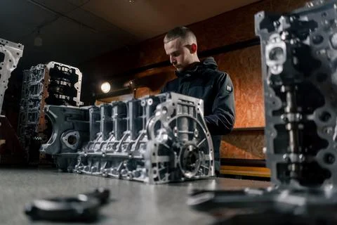 At a service station on the table young engine repairman puts a piston part in Stock Photos