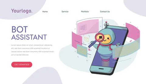 Service support center. chat bot. Zoom search. For all tasks. robot virtual a Illustrazione stock