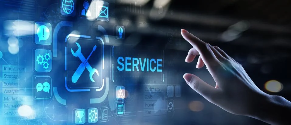 Service support customer help call center Business technology button on virtual Stock-Fotos