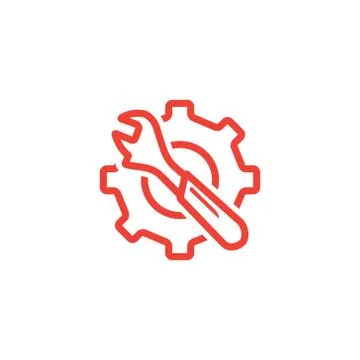 Service Tools Red Line Icon On White Background. Red Gear Wheel &amp; Hammer Flat Stock Illustration