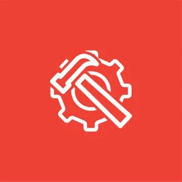 Service Tools Red Line Icon On White Background. Red Gear Wheel &amp; Hammer Stock Illustration
