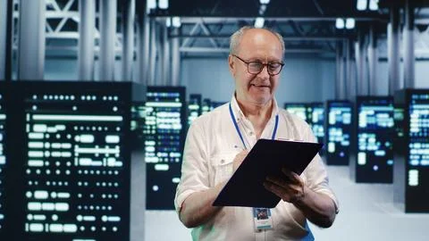 Serviceman crosschecking server parts Stockfoto's