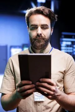 Serviceman in server farm Stock Photos