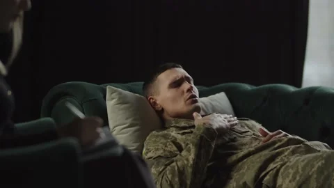 Serviceman struggling with post-traumatic stress. Depressed war veteran Stock Footage 234325452