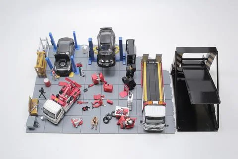 Services car engine machine, General view of wheel workshop with various mach Stock Photos