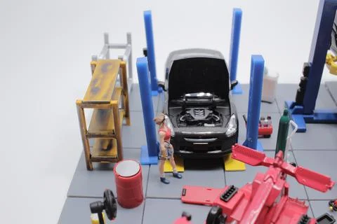 Services car engine machine, General view of wheel workshop with various mach Stock Photos