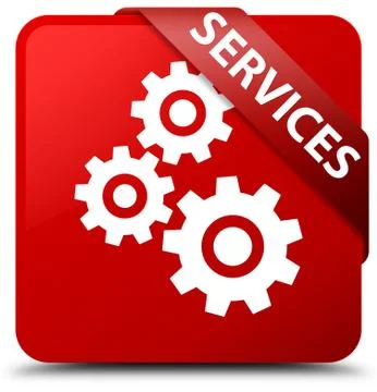Services (gears icon) red square button red ribbon in corner Stock Illustration