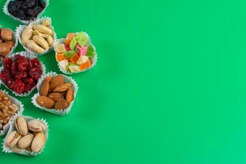 A serving of assorted candied fruit, dried cherries, almonds, raisins, walnut Stock Photos