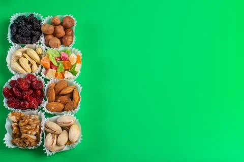 A serving of assorted candied fruit, dried cherries, almonds, raisins, walnut Stock Photos