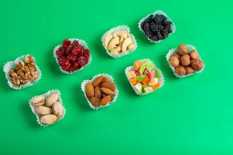 A serving of assorted candied fruit, dried cherries, almonds, raisins, walnut Stock Photos