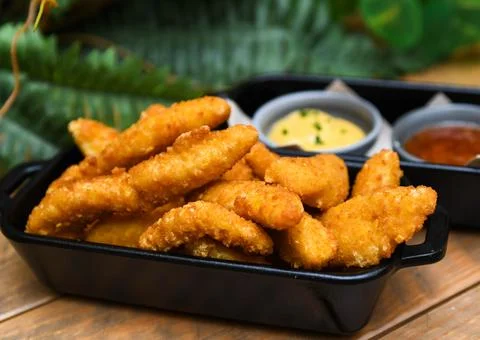 Serving of battered and fried chicken fingers Stock Photos
