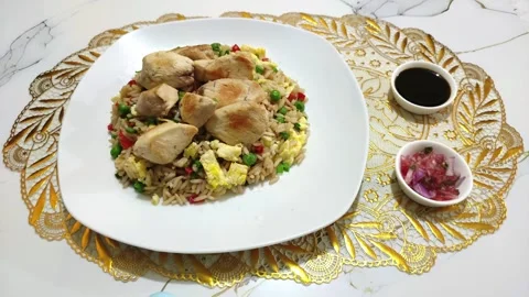 Serving of chicken and rice with egg called "Pollo con arroz". Food in Peru. 動画素材 285361520