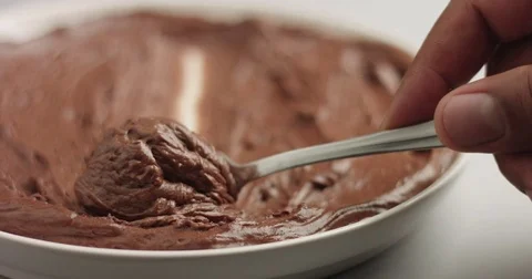Serving chocolate mousse Stock Footage 82739843