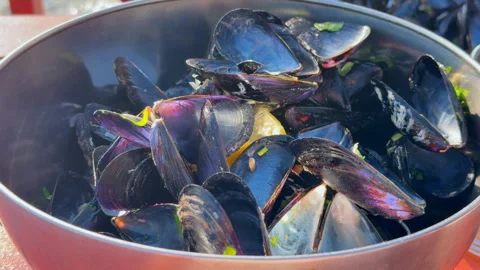 A serving of cooked blue mussel seafood steams hot inside a copper pot creating 库存影片 335633738