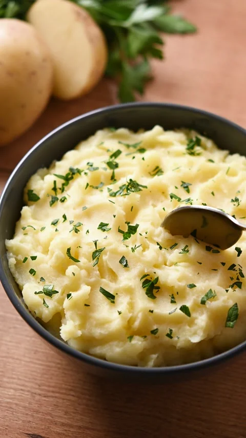 Serving creamy mashed potatoes from a bowl Видео 342503192