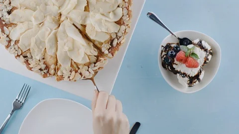 Serving delicious freshly baked apple pie with ice cream Stock Footage 103991207