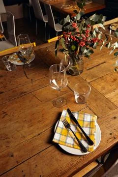 Serving dinner table set Stock Photos