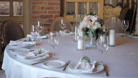 Serving dishes on the table at the wedding Banquet Stock Footage 130817741