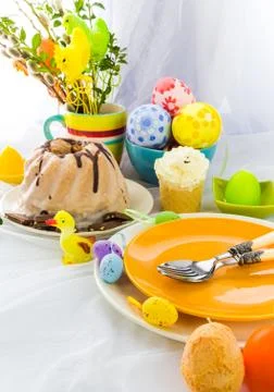 Serving easter table cake eggs Stock Photos