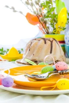 Serving Easter table cake eggs Stock Photos