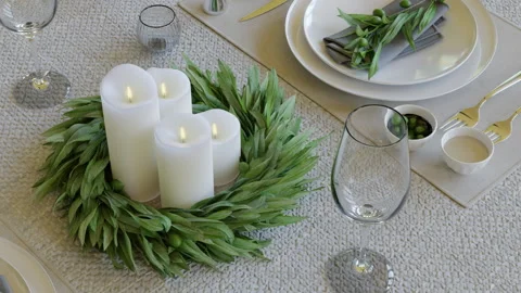 Serving of festive table with candles Stock Footage 159792454