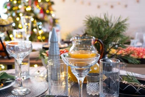Serving a festive table with snacks, salads and goodies close-up in the mod.. Foto stock