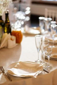 Serving of a festive table. Wedding dinner. Stock Photos