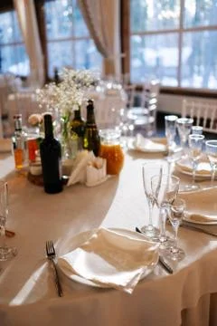 Serving of a festive table. Wedding dinner. Stock Photos