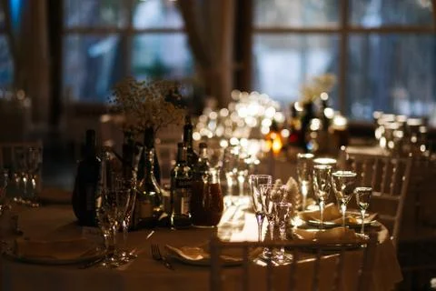 Serving of a festive table. Wedding dinner. 스톡 사진