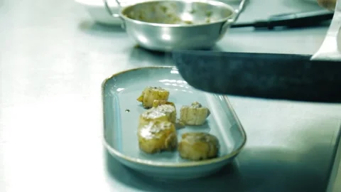 Serving fish scallops at a restaurant Stock Footage 130977666