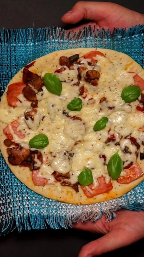 Serving Fresh Baked Pizza On Woven Napkin Top View Hands Stock Footage 346639869
