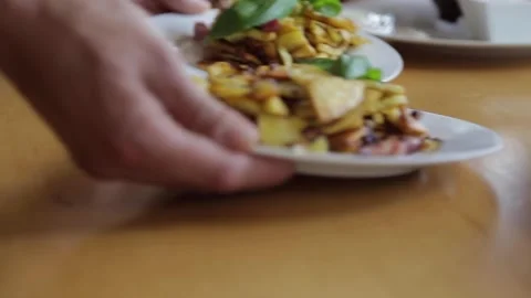 Serving Fried Potatoes With Meat, two portions Stock Footage 147094592