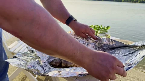 Serving Grilled Fish and Fresh Vegetables by Riverside Picnic Stock Footage 334134354