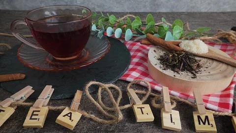 Serving Hot Tea With Cinnamon and Decoration Still Life Stock Footage 313364383